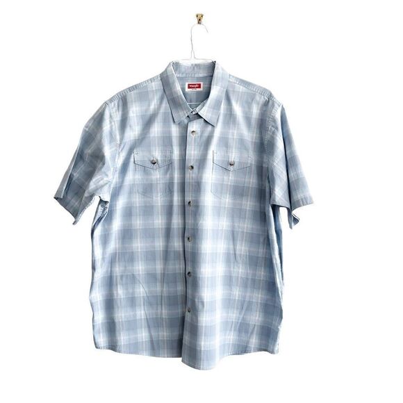 Wrangler Mens Western Shirt Button Down Short Sleeved Blue Plaid 2XL - Picture 1 of 8
